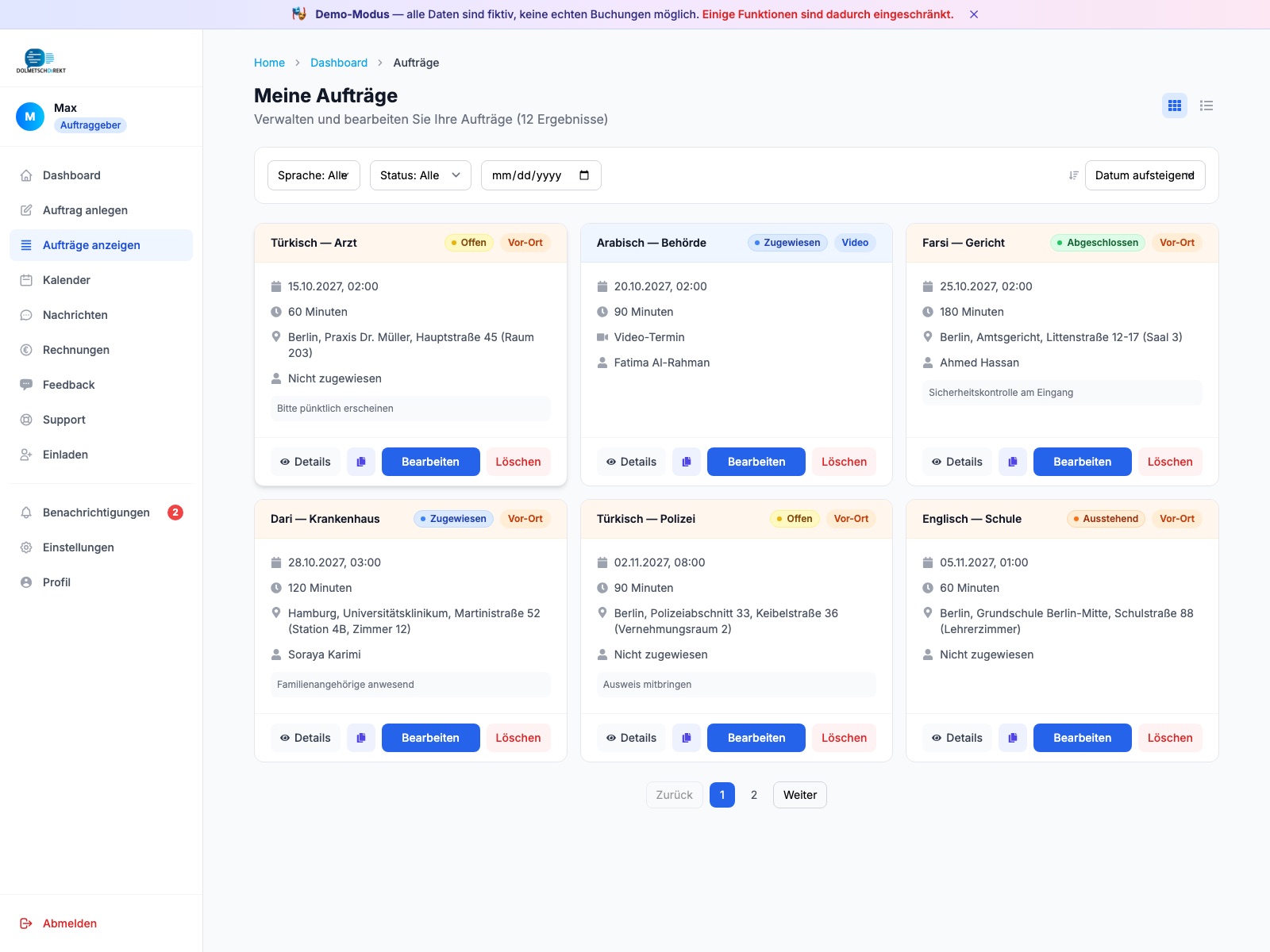 DolmetschDirekt — Auftragsübersicht im Dashboard